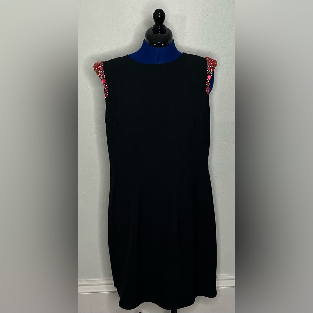 Ted Baker Black Sleeveless Sheath Dress w/Pink Jeweled Shoulder Accent